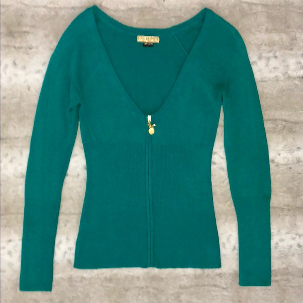 GUESS- Low V-Neck Zip-Up Sweater
